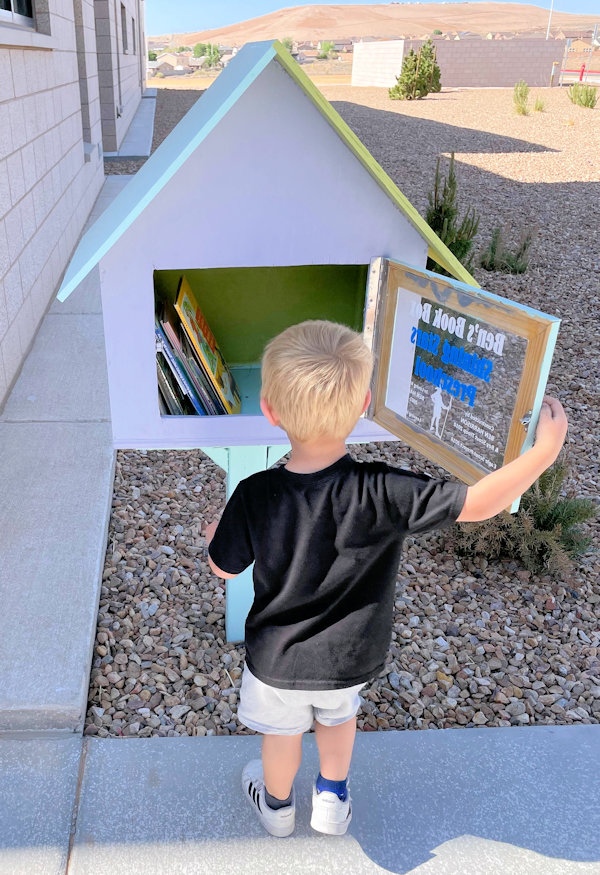 Young boy looking at books in Little Free Library.